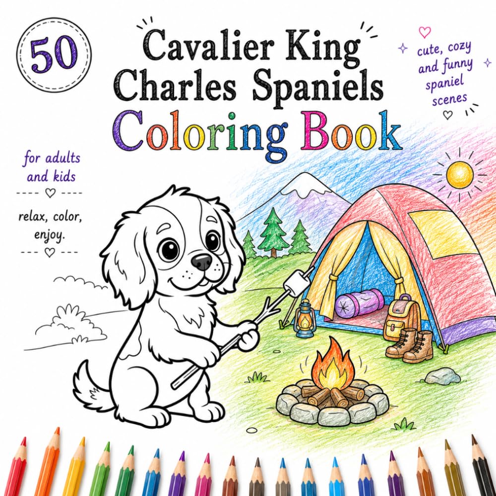 Cavalier King Charles Spaniels Coloring Book: Adorable Black and White Coloring Pages of Playful Cavalier King Charles Spaniel Puppies in Funny ... (Cozy Dog Adventures Coloring Book Series)