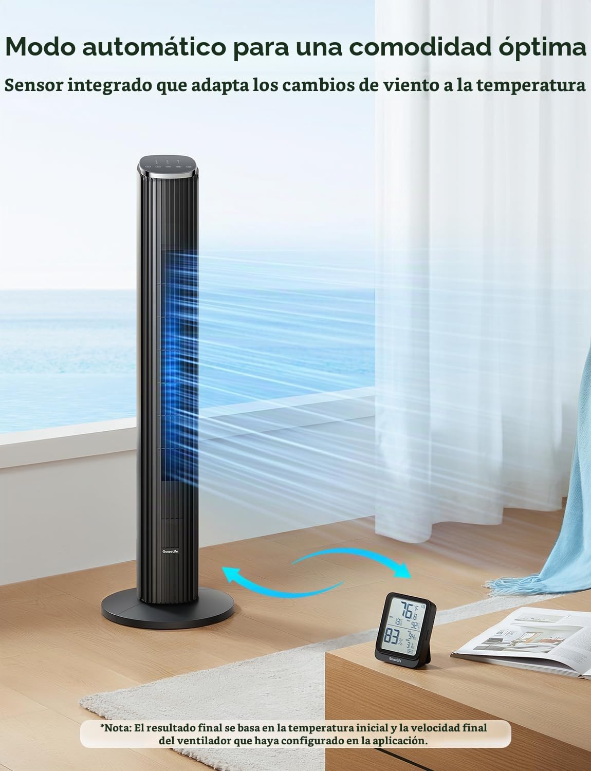 GoveeLife Ventilador de Torre 8 Velocidades 75 Grados Oscilación | Inteligente, Velocidad de 6,3 m por segundo,5 Modos,Temporizador 24 Horas,Control por App y Voz con Refrigeración