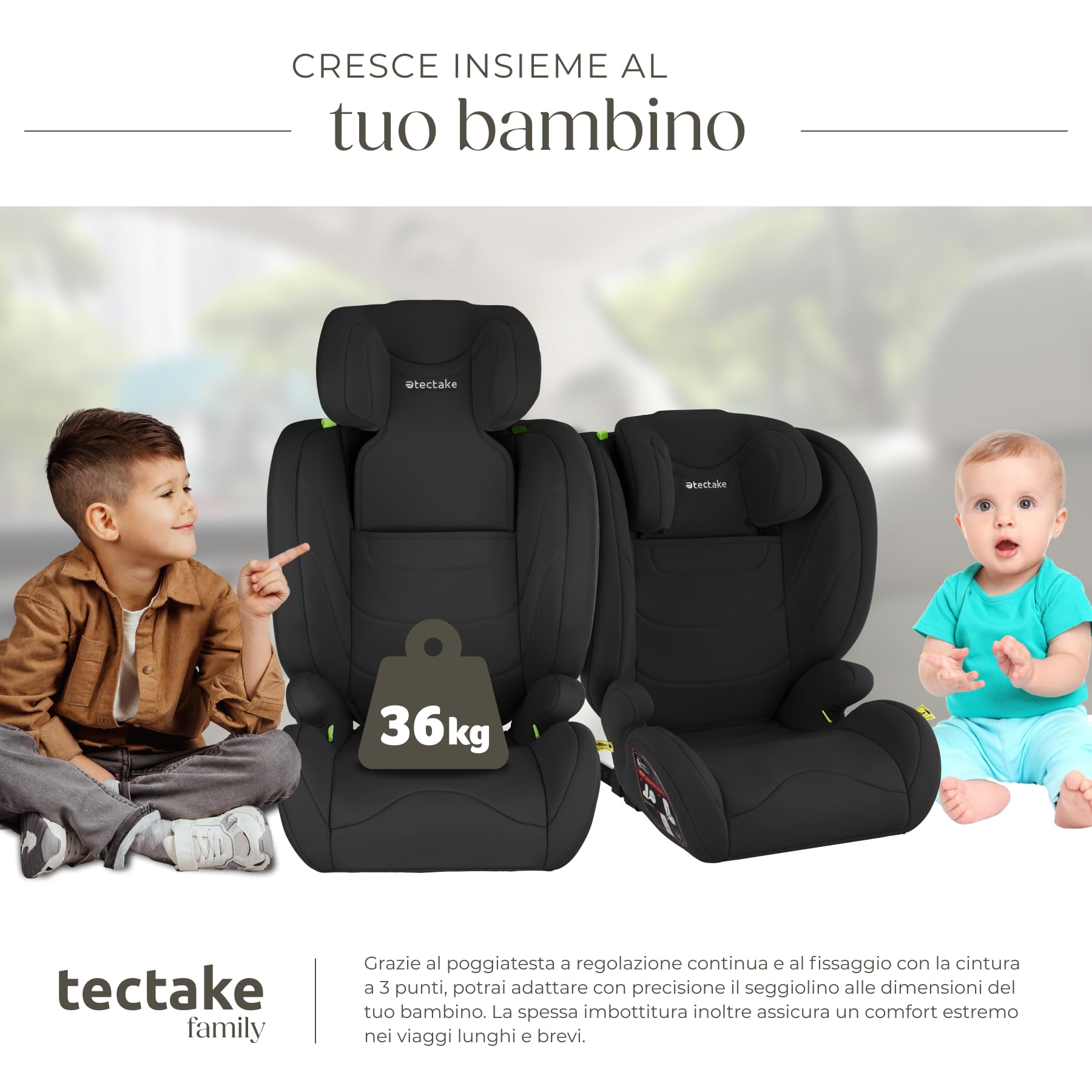 tectake® Seggiolino Auto i-Size con ISOFIX, Omologazione ECE R129, Protezione Impatti Laterali, Altezza Regolabile 100-150cm, Rivestimento Lavabile, Imbottitura Confortevole, Per Auto - Nero