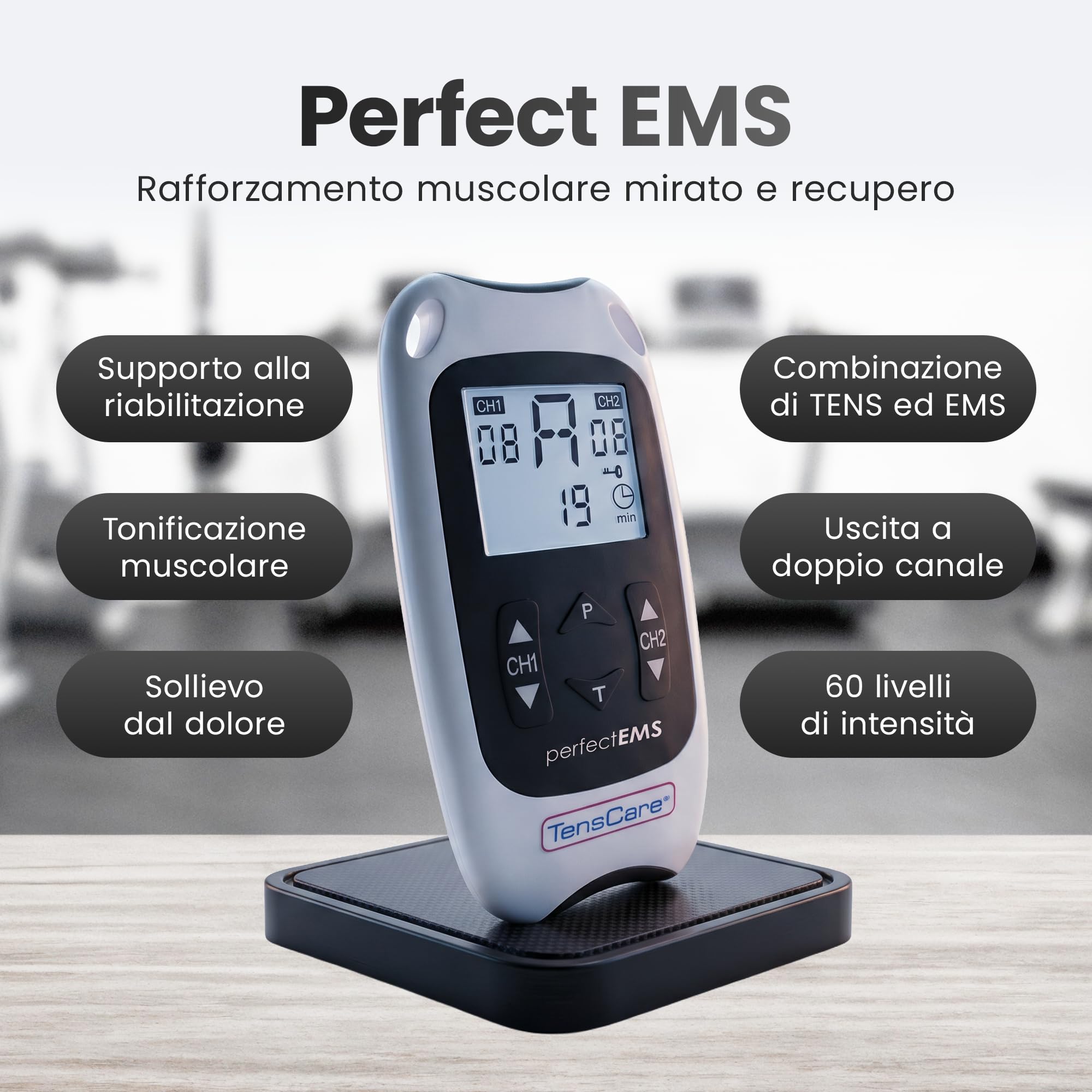 Tenscare Perfect EMS– Stimolazione Muscolare e Trattamento del Dolore in un Dispositivo di Elettroterapia (TENS e EMS) - perfetto per la manutenzione, la tonalizzazione e il rafforzamento dei muscoli | Programmi dedicati per allenamento, tonificazione, re