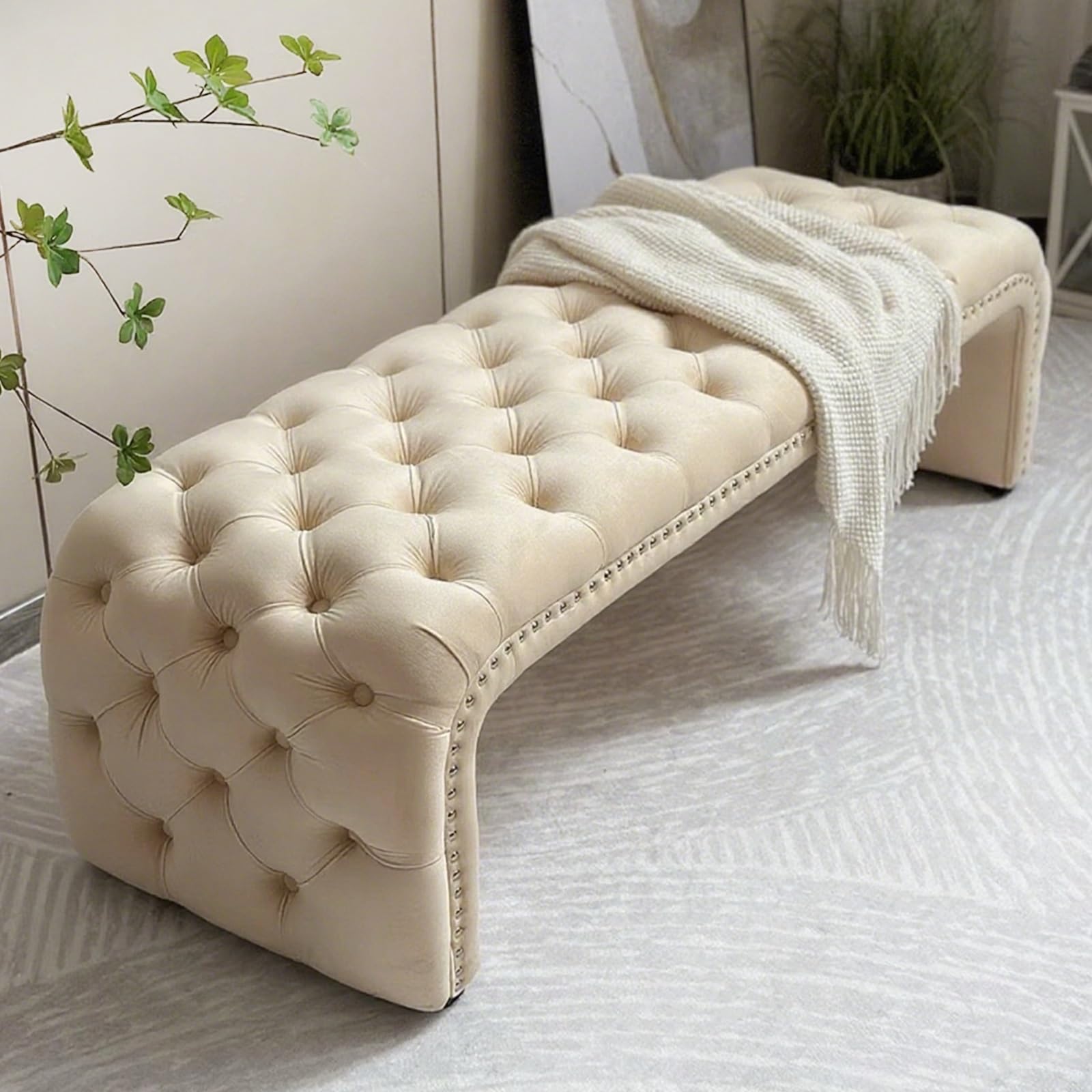 MSHGSKU Modern Upholstered Shoe Bench with Nailhead Trim 47.24in Fabric Storage Ottoman Padded Footrest for Living Room & Dining Room Beige