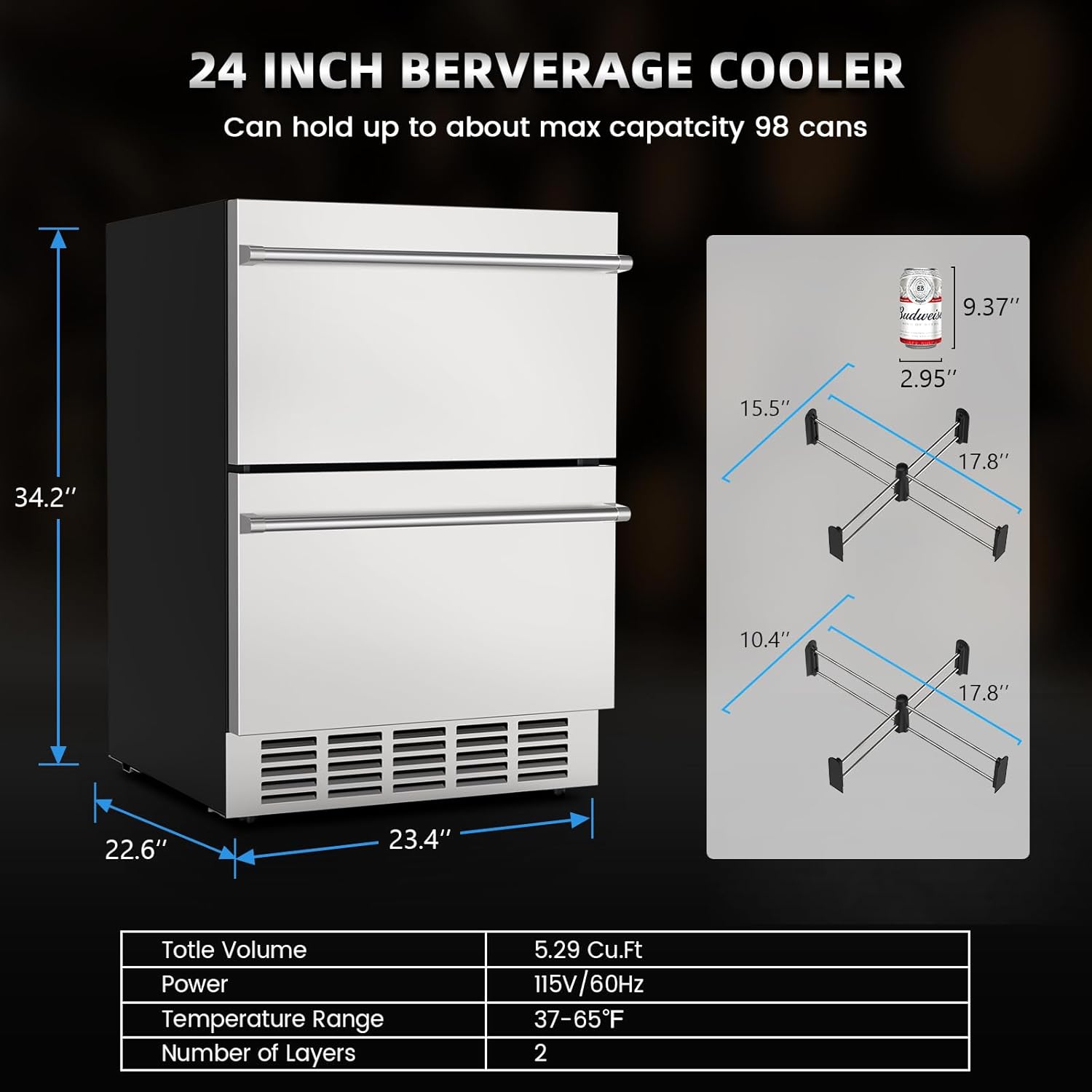 24 Inch Under Counter Double Drawer Fridge,Two Drawer Refrigerator Indoor Beverage Refrigerator, Stainless Steel Beverage Fridge for Home & Commercial Use (Foam Door)