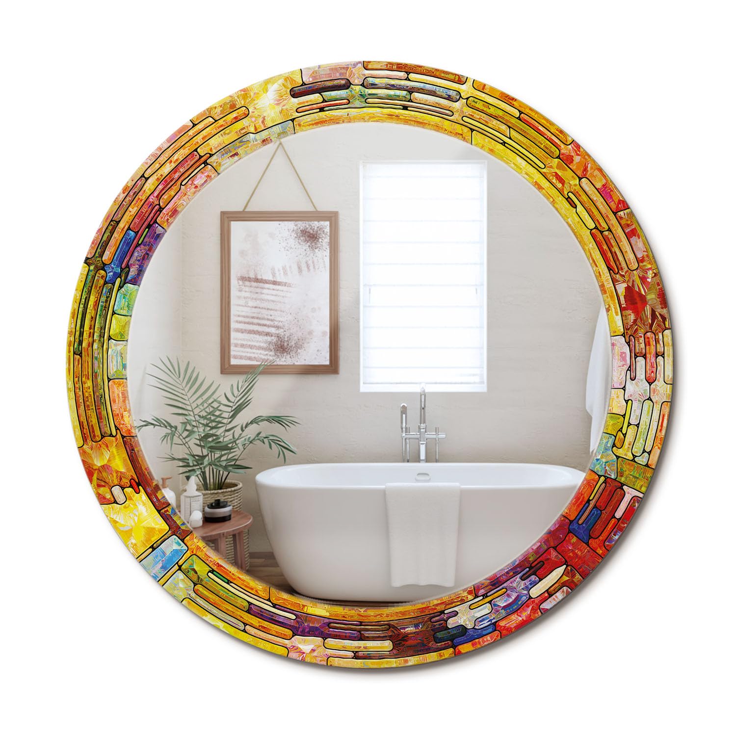 Miroir rond design graphique d'exception cadre verre vitraux colorés fi70