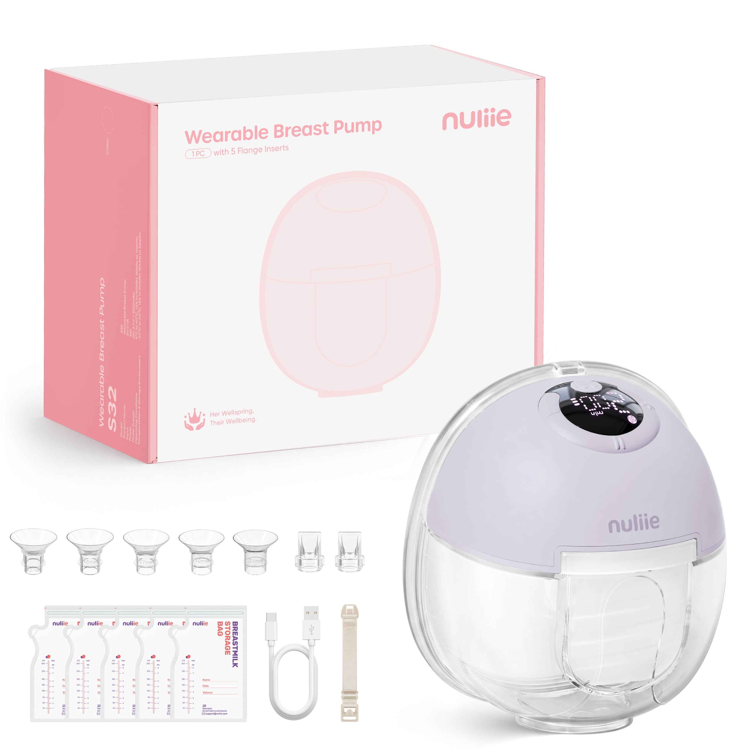 Nuliie Milchpumpe Elektrisch tragbare S32(1 Pack, Grau-Lila)