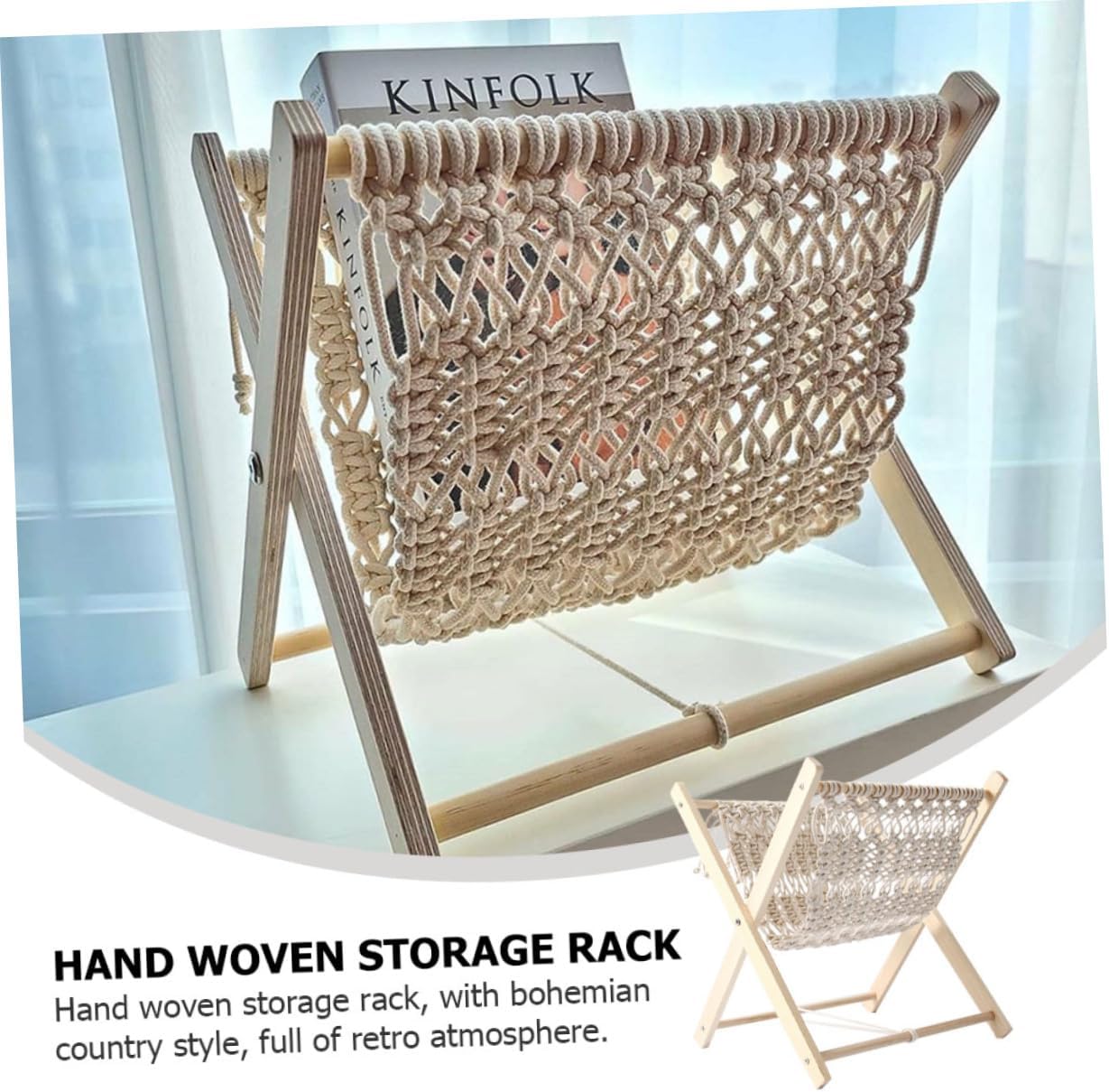 Rustic Hand Woven Book Rack Versatile Storage Stand for Magazines Books and Items Bohemian Style Organizer for Home Office Bedroom and More