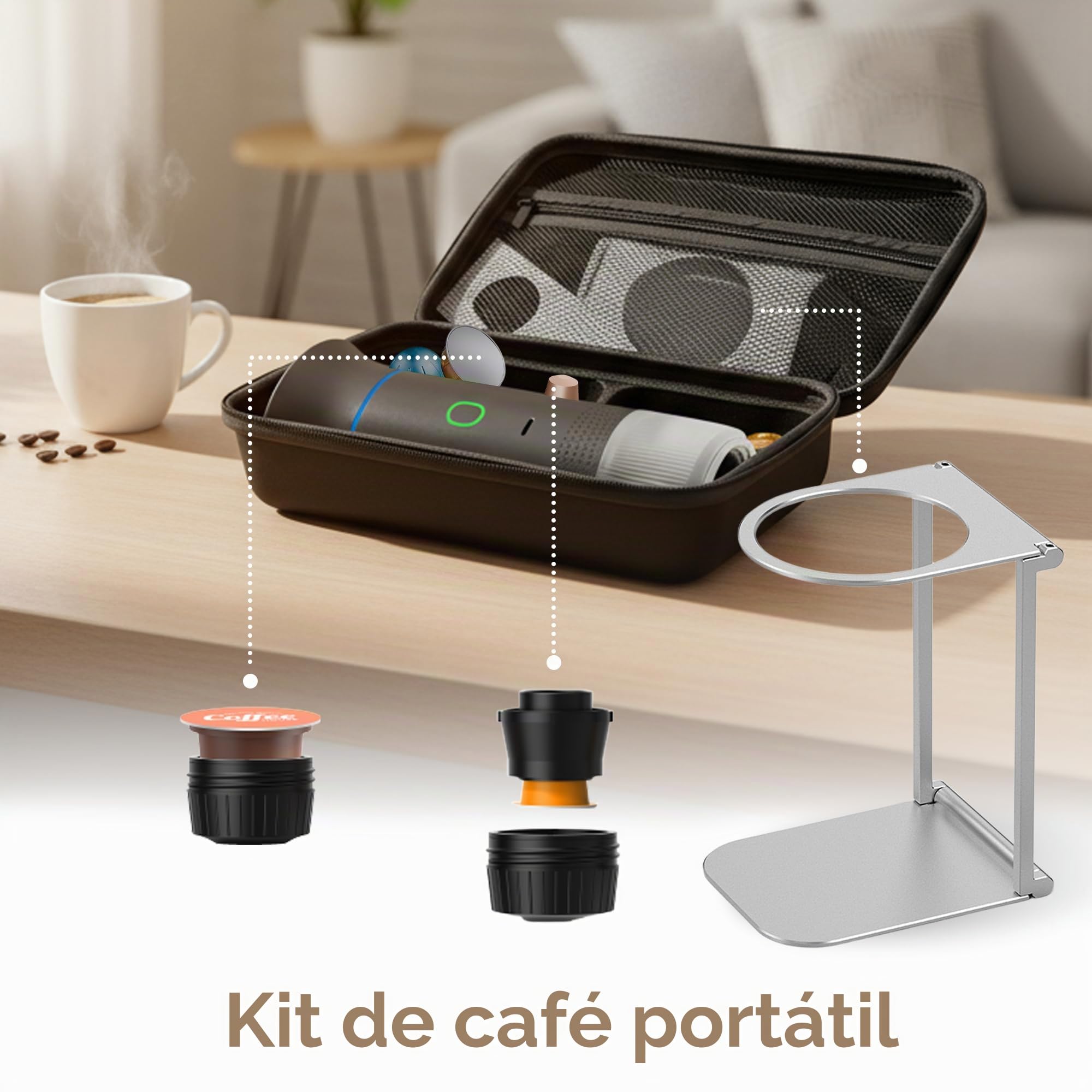 Cafetera Portátil 3 en 1, Máquina de Café Expresso con Soporte y Bolsa, Batería Recargable de 7500mAh, Compatible con Cápsulas y Café Molido, Para Viaje, Camping, Coche, Oficina (Blanco)