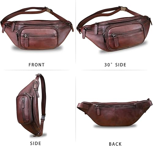 Vista 4 de Cangurera de cuero genuino para mujeres y hombres, riñonera de cuero, bolso bandolera de moda, bolso cruzado de hombro, mochila (café)