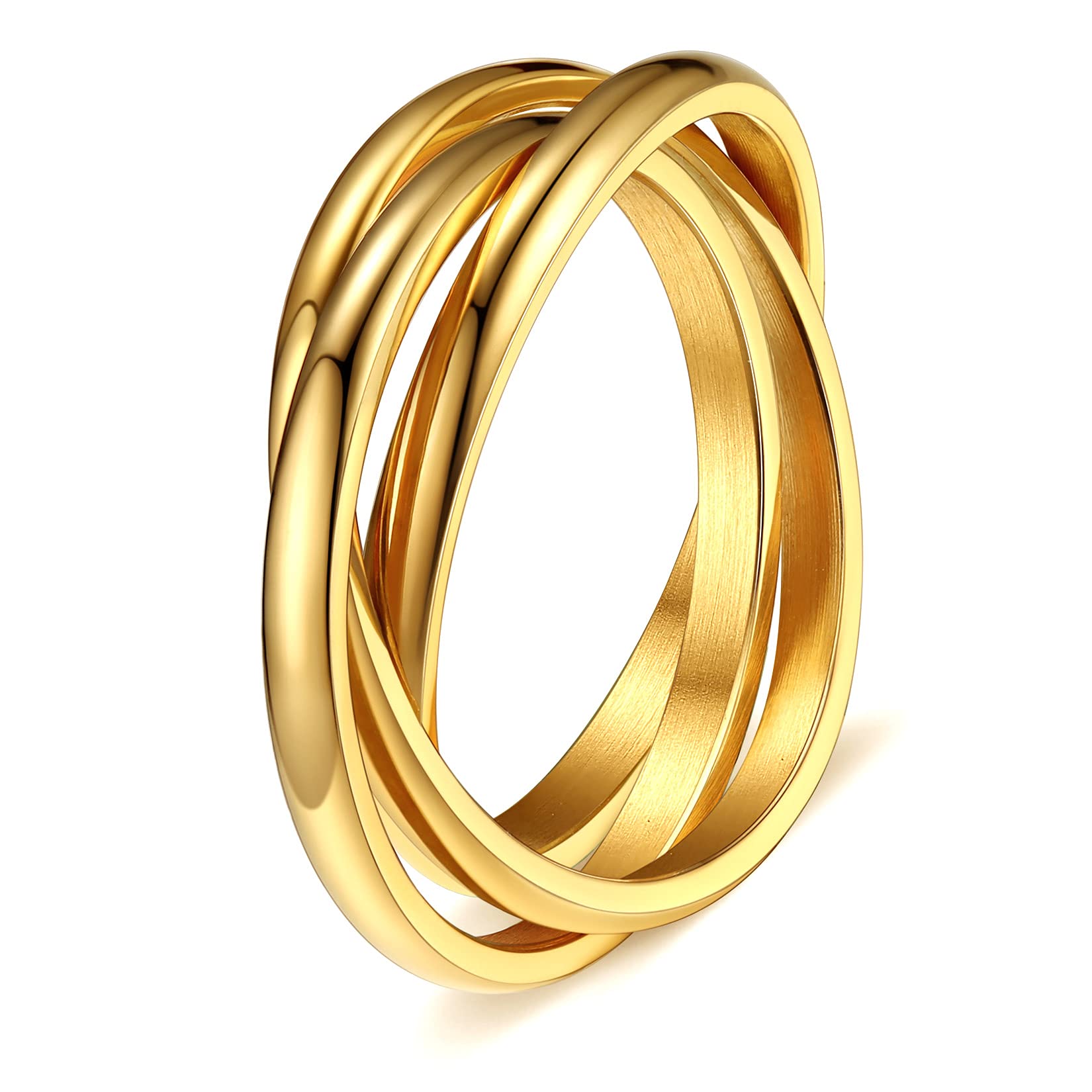 ChainsProMax Women Band Rings, Delicate Triple Interlocked Ring, Size #04-#12, Stainless Steel/Gold Plated/Black (Send Gift Box)