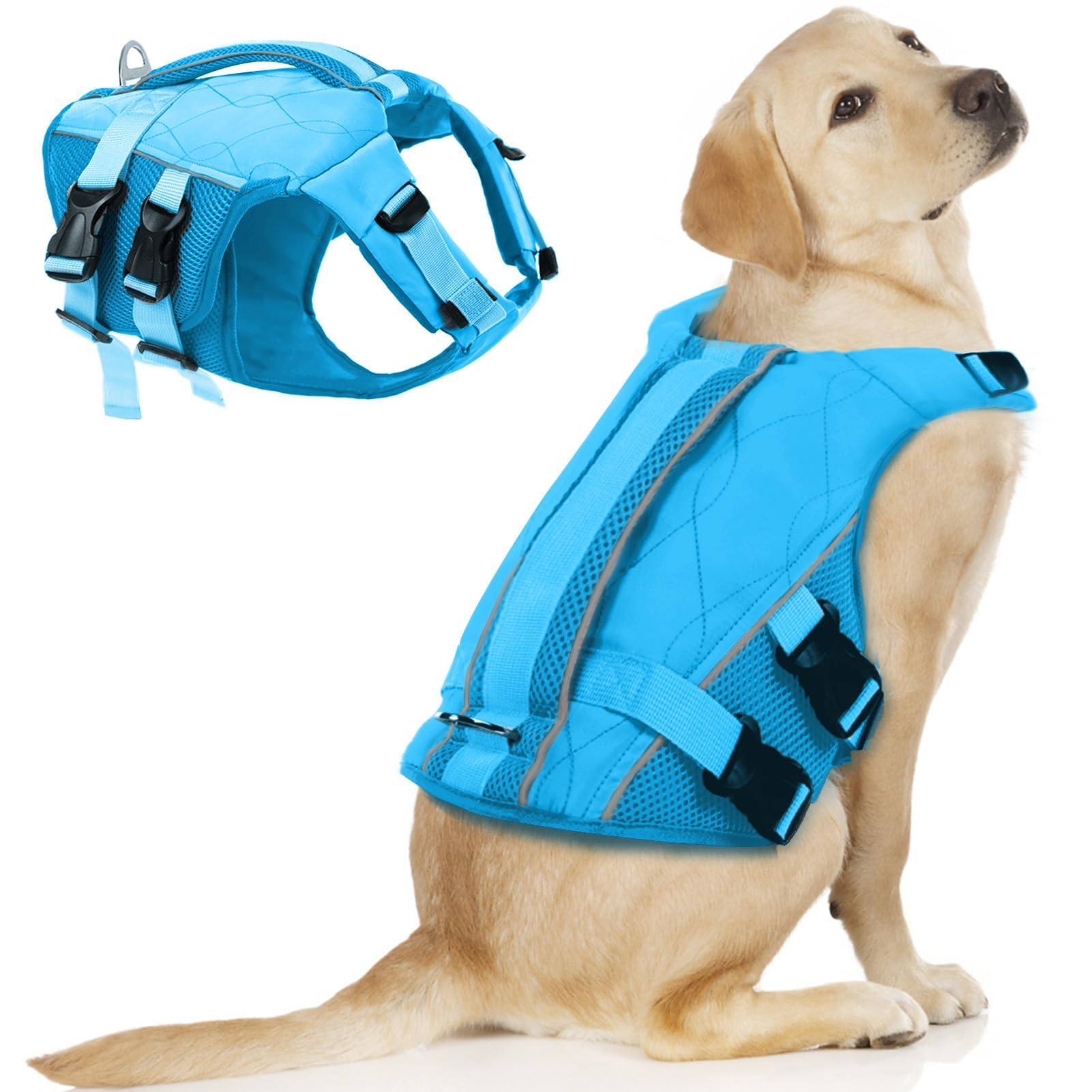ASENKU Giubbotto Salvagente per Cani con Maniglia di Salvataggio, Giubbotto Salvataggio Cane con Elevata Galleggiabilità, Giubbotto di Sicurezza Cane Leggero Ripstop con Strisce Riflettenti Blu L