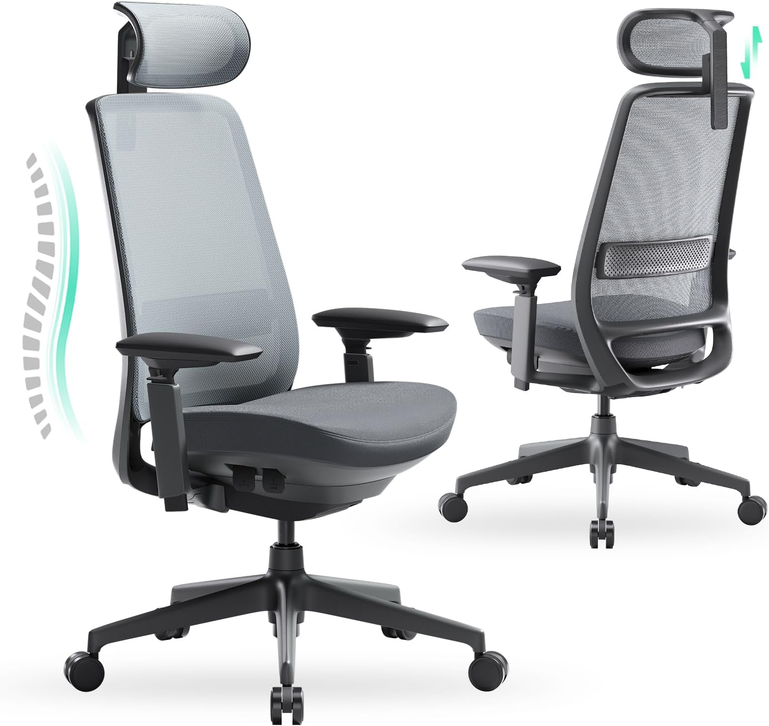 COLAMY Ergonomic Office Chair, Mesh Desk Chair with High Back, Lumbar Support, Adjustable Headrest and 4D Arms, Slide Seat-BlackGrey