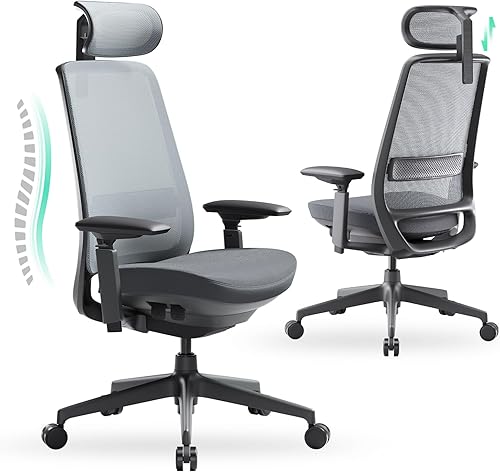COLAMY Silla de oficina ergonómica, silla de escritorio de malla con respaldo alto, soporte lumbar, reposacabezas ajustable y brazos 4D, asiento