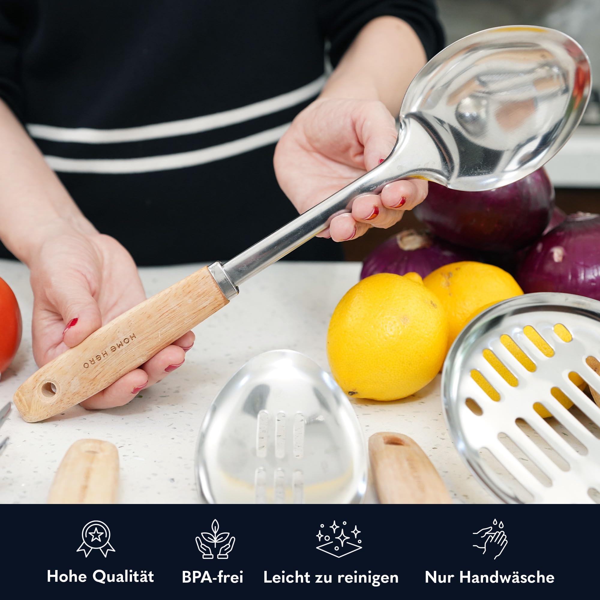 Home Hero Edelstahl-Küchenutensilien-Set - Antihaft-Edelstahl-Kochutensilien-Set - Hitzebeständige Küchenutensilien & Küchenhelfer aus Metall (10 tlg- Holz und Silbe)