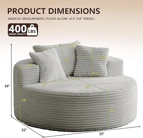 Miniatura 2 de Silla redonda de gran tamaño de 55 pulgadas, tumbona para interiores, sin hueso, con pana de felpa, no requiere montaje, sofá cama moderno y