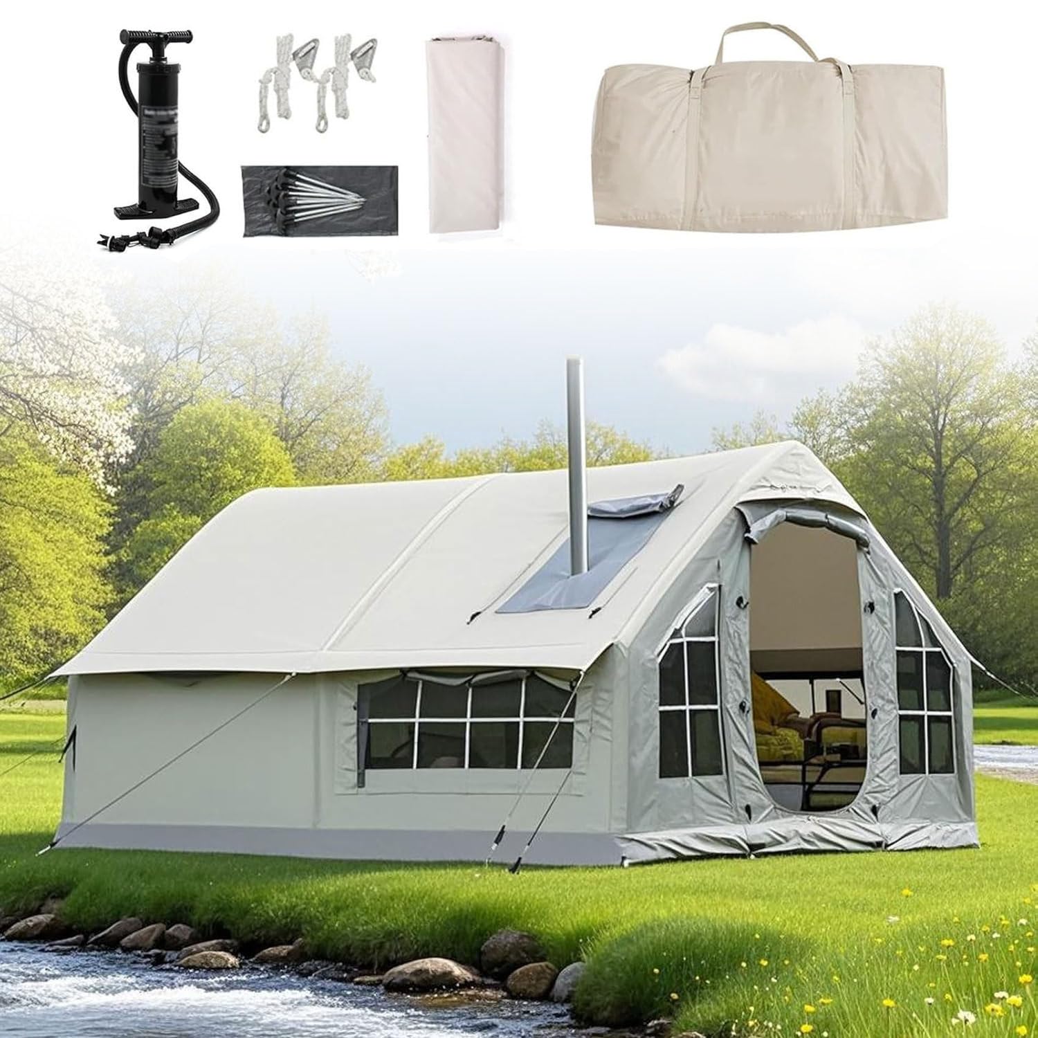 Tente gonflable pour 8 personnes, installation rapide, tente de camping d'extérieur avec cheminée et lucarne, grande tente familiale
