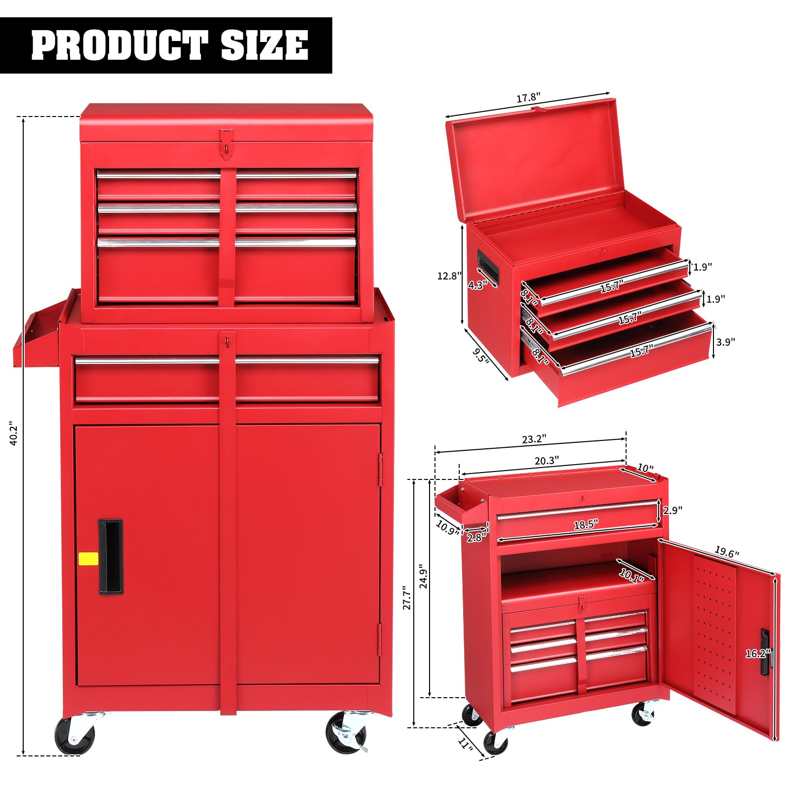 Pinikuyiro Tool Chest Rolling Tool Cabinet 4-Drawer Material for Heavy Duty Lockable Tool-Box & Storage Cabinet - for Garage and Workshop, Red