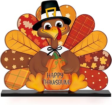 Thanksgiving Decorations Wooden Turkey Table Sign Fall Pumpkin Autumn Table Centerpieces Standing Tabletop Happy Thanksgiving for Holiday Harvest Home Room shelf Farmhouse Decorations Thanks Gives