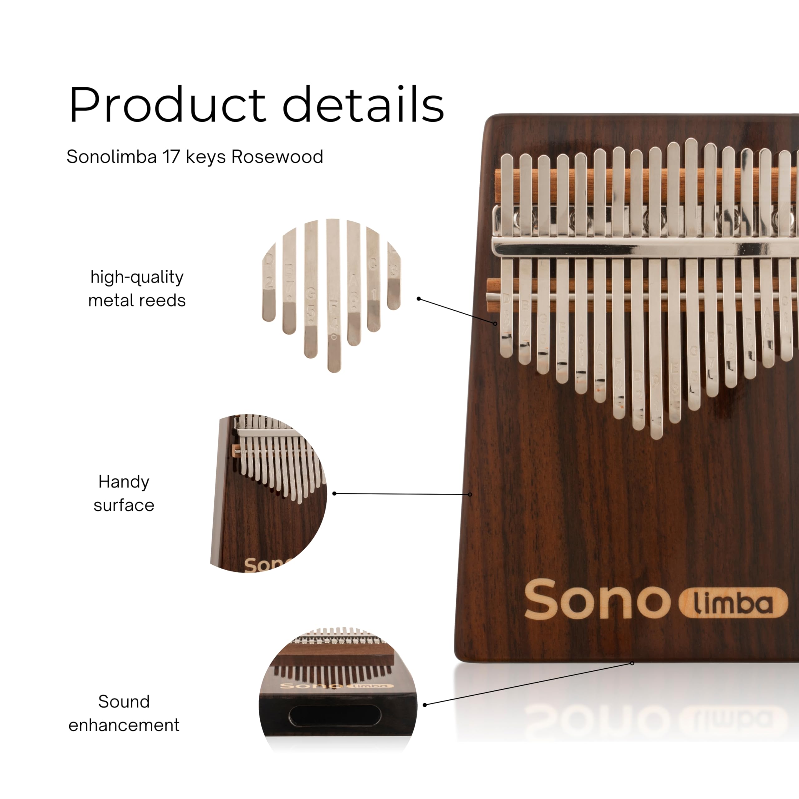 Kalimba avec 17 clés - Piano à pouces en bois de rose de haute qualité. Piano portable avec pochette et livre de chansons. Instrument de musique. Percussion à main pour enfant ou adulte
