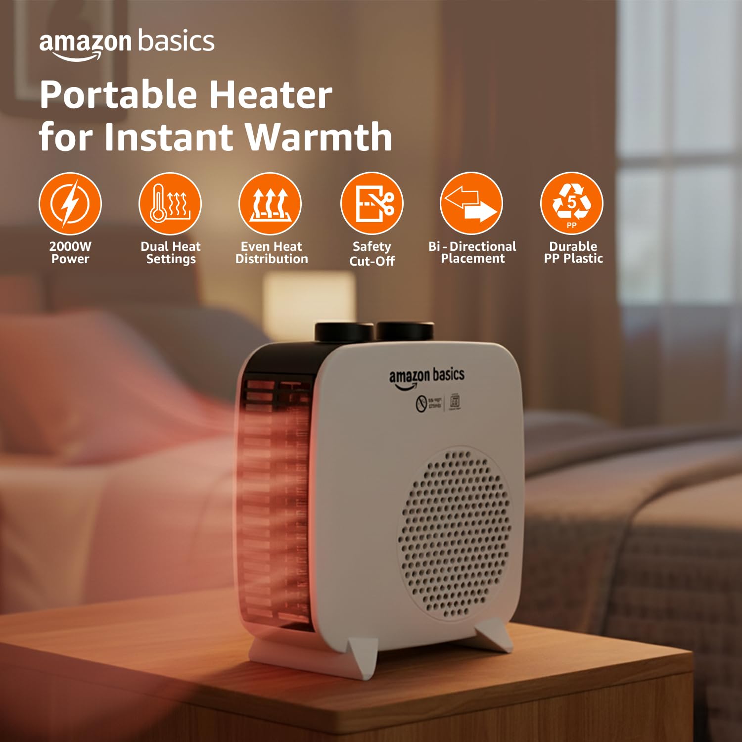 AmazonBasics Compact Portable Room Heater | 2000W | Corded Electric | Convection Heating with 2 Heat Settings | Indoor Use | Small | White PP Plastic
