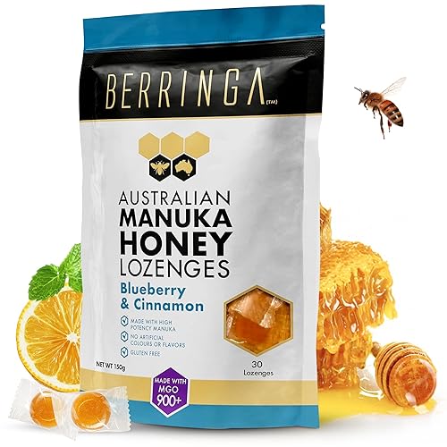 Berringa Pastillas australianas de miel de manuka, canela de arándanos, MGO 900+, 5.3 onzas, 30 unidades