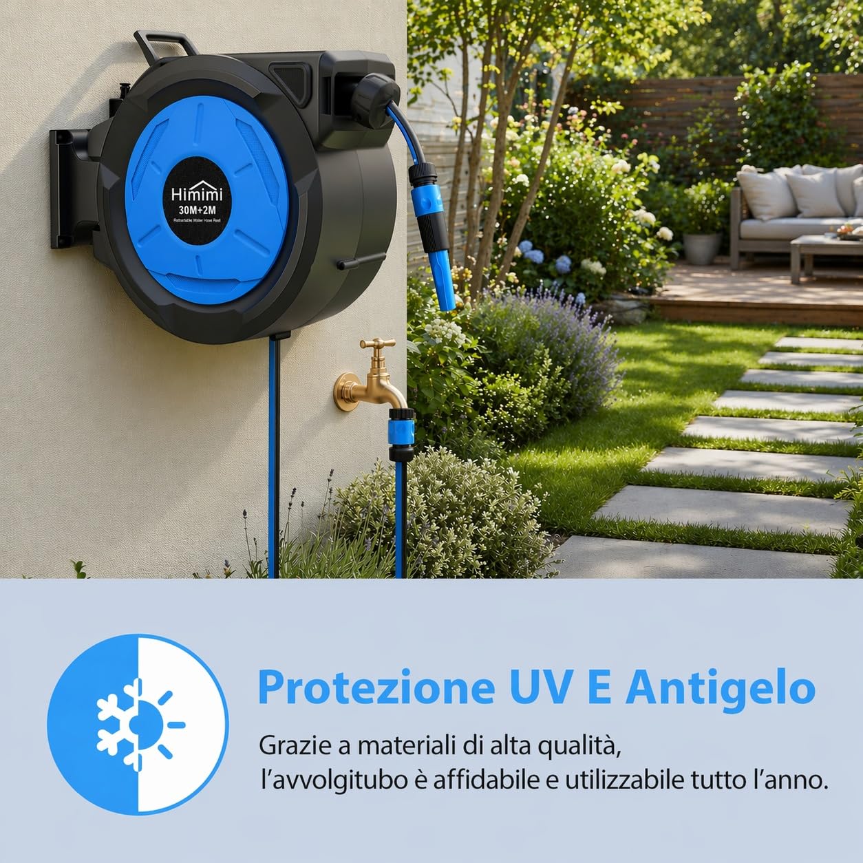 Himimi Avvolgitubo da Giardino Retrattile da Parete 30 m + 2 m, 1/2", Avvolgitubo Automatico con Rientro Lento, Blocco a Qualsiasi Lunghezza, Supporto Girevole 180°, Resistente ai Raggi UV e al Gelo