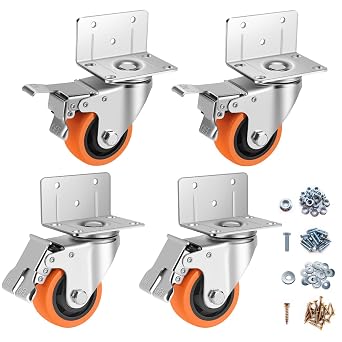 Caster Wheels,3 Inch L-Shaped Casters Set of 4 Heavy Duty for Furniture | 4-Pack Industrial Casters with Brake Polyurethane Wheels, Locking Caster Wheels for Workbench
