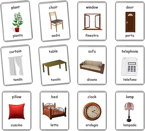 Tarjetas didácticas bilingües italianas en inglés  Tarjetas flash laminadas  Tarjetas Montessori  Elige tu juego (artículos de casa)