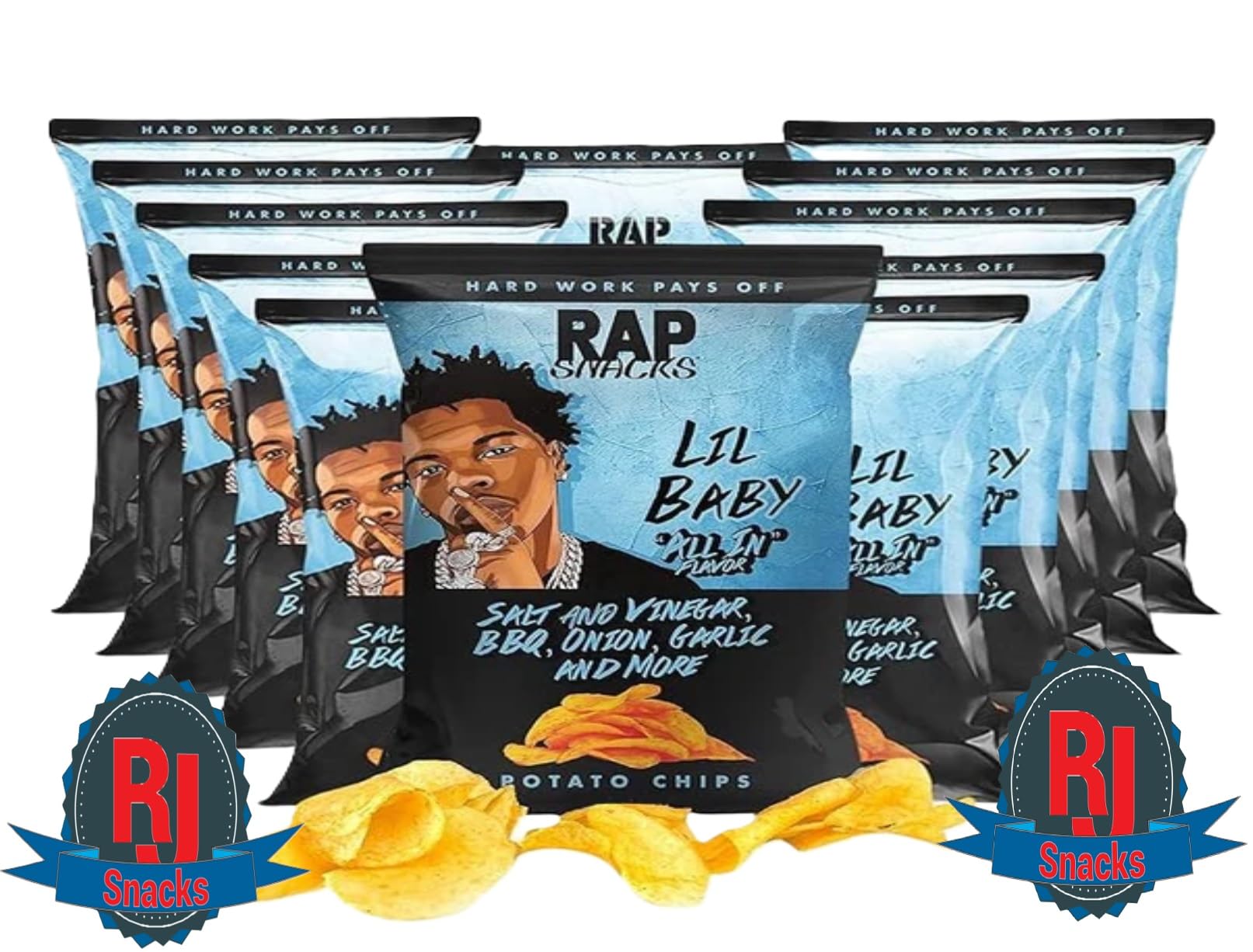 Rap ` Snacks Potato Chips 5 oz (Curated by RJ Snacks Value Pack) (Pack of 6, Lil Baby All In)