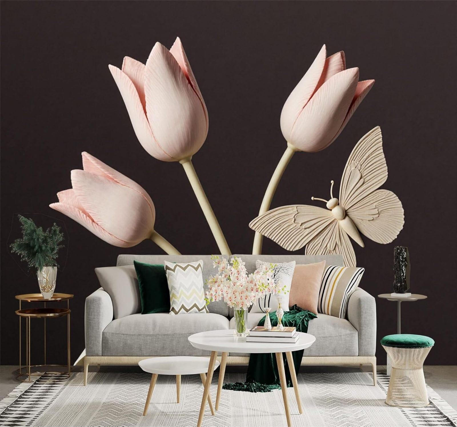 XLMING Elegance Pink Tulips Butterflies Minimalist Floral 3D Wallpaper Silky Texture Home Study Office Grey Dining Room Sofa Bedroom Living Room TV Backdrop-400cm×280cm