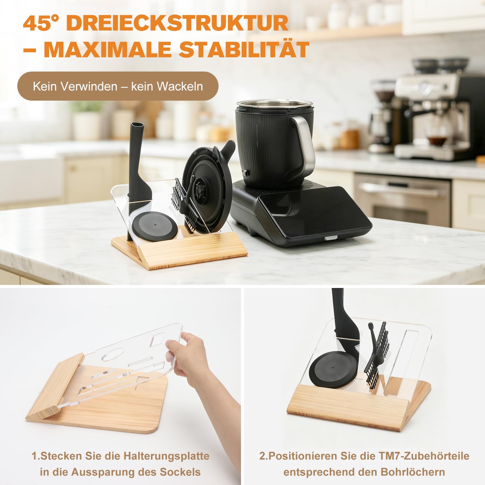 Küchenutensilienhalter für Thermomix TM7 Zubehör – Clevere Aufbewahrung & Ordnungssystem für Spatel, Spritzschutz, Schmetterling und TM7-Deckel – Edles Design aus Kiefernholz, Natur