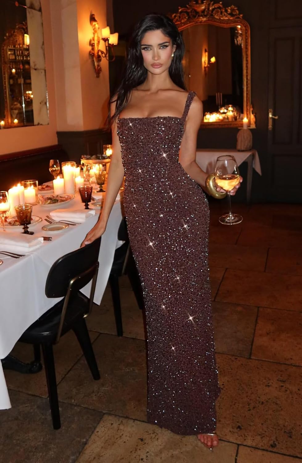 CuteMe Mermaid Sequin Prom Dress Long for Women Corset Sparkly Spaghetti Straps Ball Gowns CC040