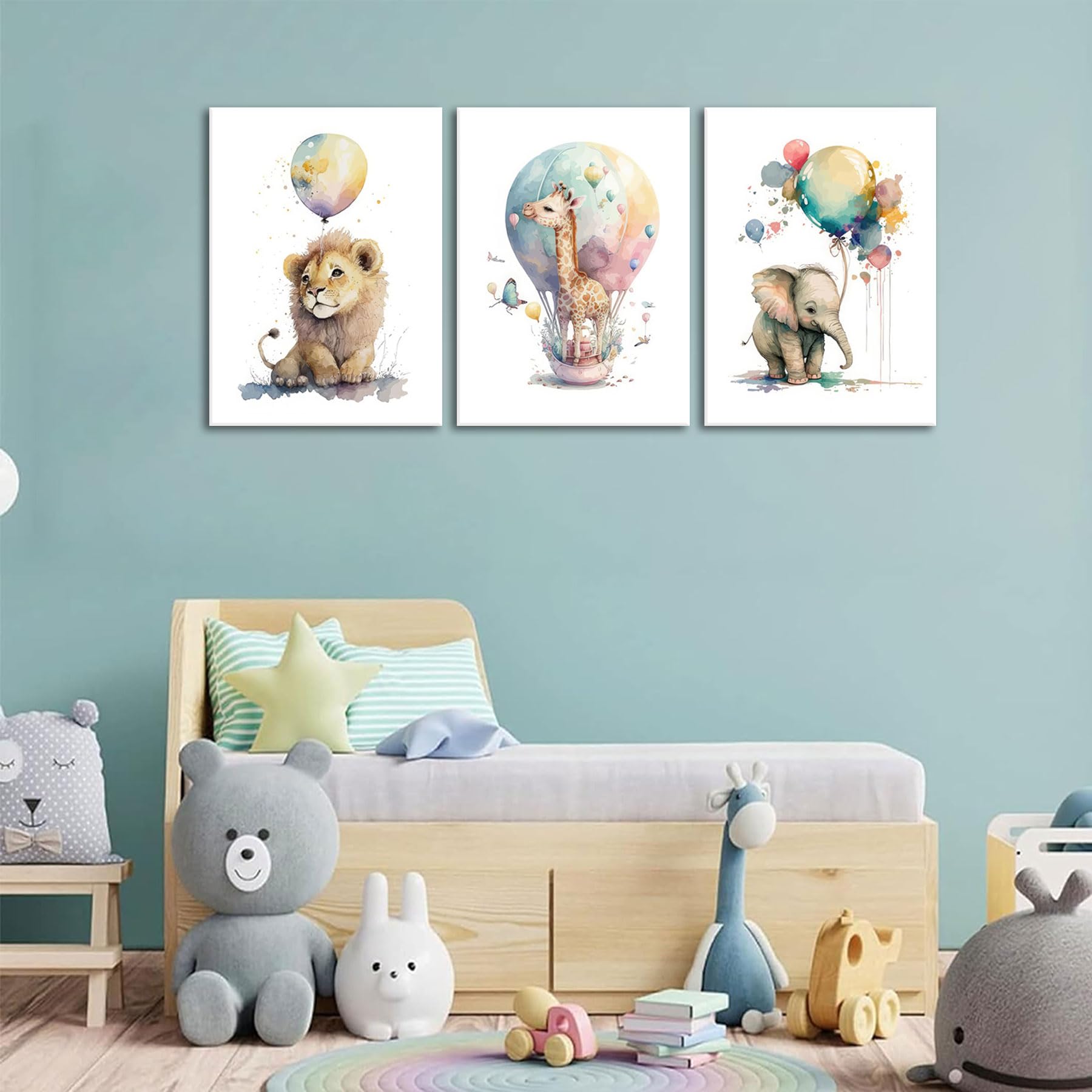 Lienzo decorativo para pared de niños, diseño de jirafa, león y elefante, 3 piezas, diseño de animales de safari, decoración de pared para habitación de niños y niñas, sin marco