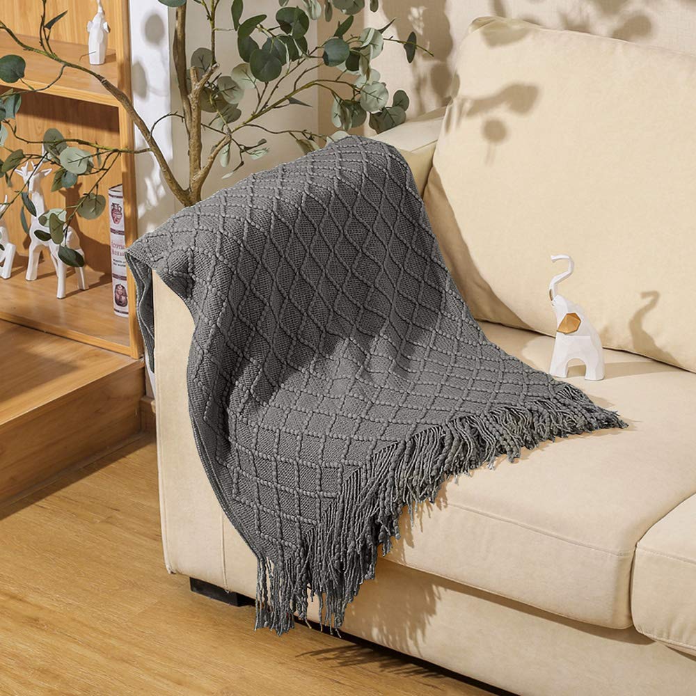 Dricar Knitted Blanket, 173x127cm Soft Throw Blanket for Sofa, Cozy Warm Throw Couch Cover with Weave Pattern and Tassel for Chair Bed Home Decoration (Grey)