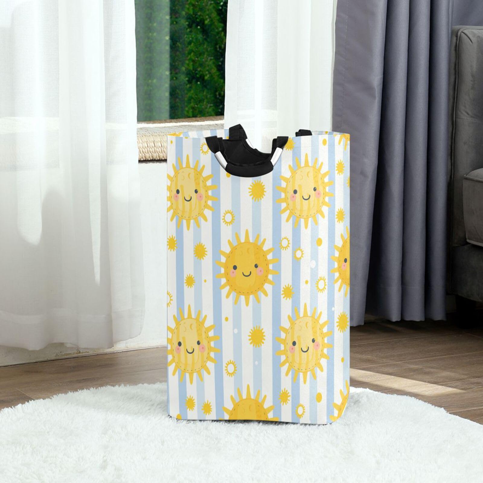 Jihqo Laundry Hamper Basket Cartoon Sun Collapsible Nursery Storage Bin Waterproof Clothing Baskets for Home Bedroom Bathroom Washing Room