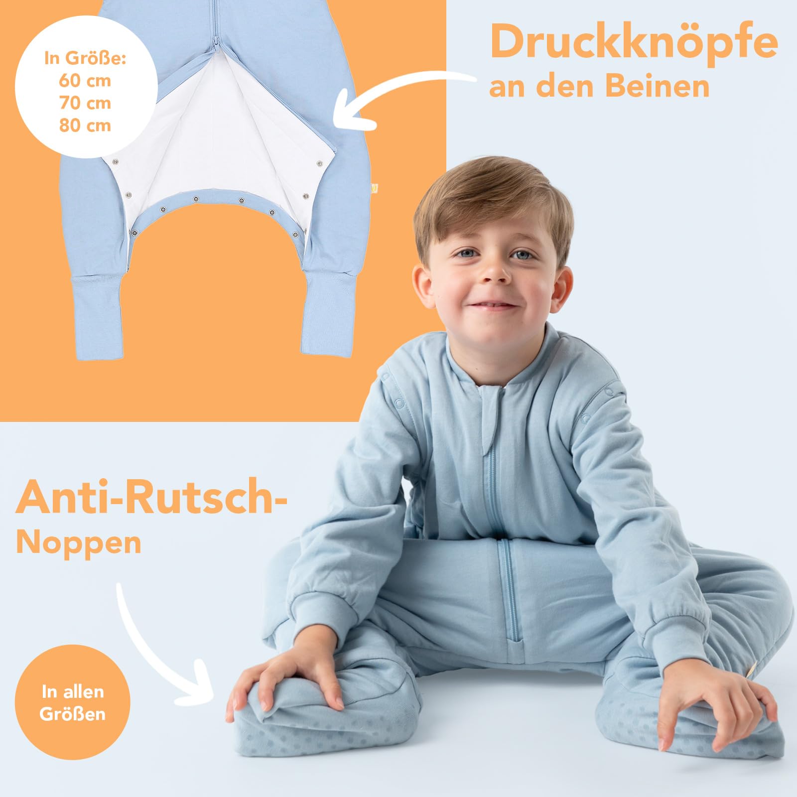 schlummersack Baby Kinder Schlafsack Ganzjahr 130cm Blue Ice | mit Füßen, umklappbaren Bündchen und abnehmbaren Ärmeln, gefüttert, Ganzjahresschlafsack, 2.5 Tog