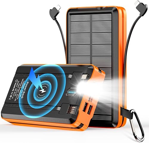 Banco de energía solar cargador portátil 52800mAh 5V3A batería de carga rápida con 4 cables incorporados, 2 salidas y linterna LED para todos los
