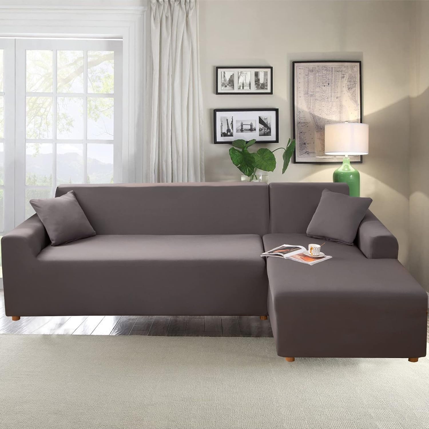 Sectional Sofa Covers 2 Pcs Stretch Couch Slipcover for L Shape Couch Chaise Sofa Furniture Protector Cover for Kids Dogs Pets with 2 Pcs Pillow Covers (Grey)
