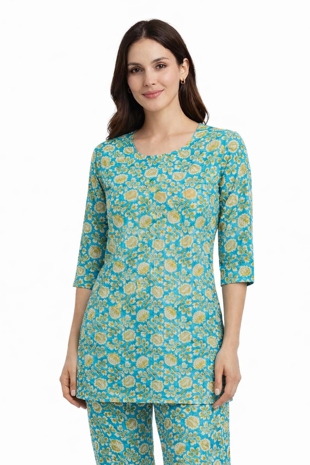 S.P. Collection's Turquoise Blue Floral Printed Cotton Co-ord Set, Round Neck Straight Kurta with 3/4 Sleeves and Matching Pants, for Daily and Office Wear-picture-26