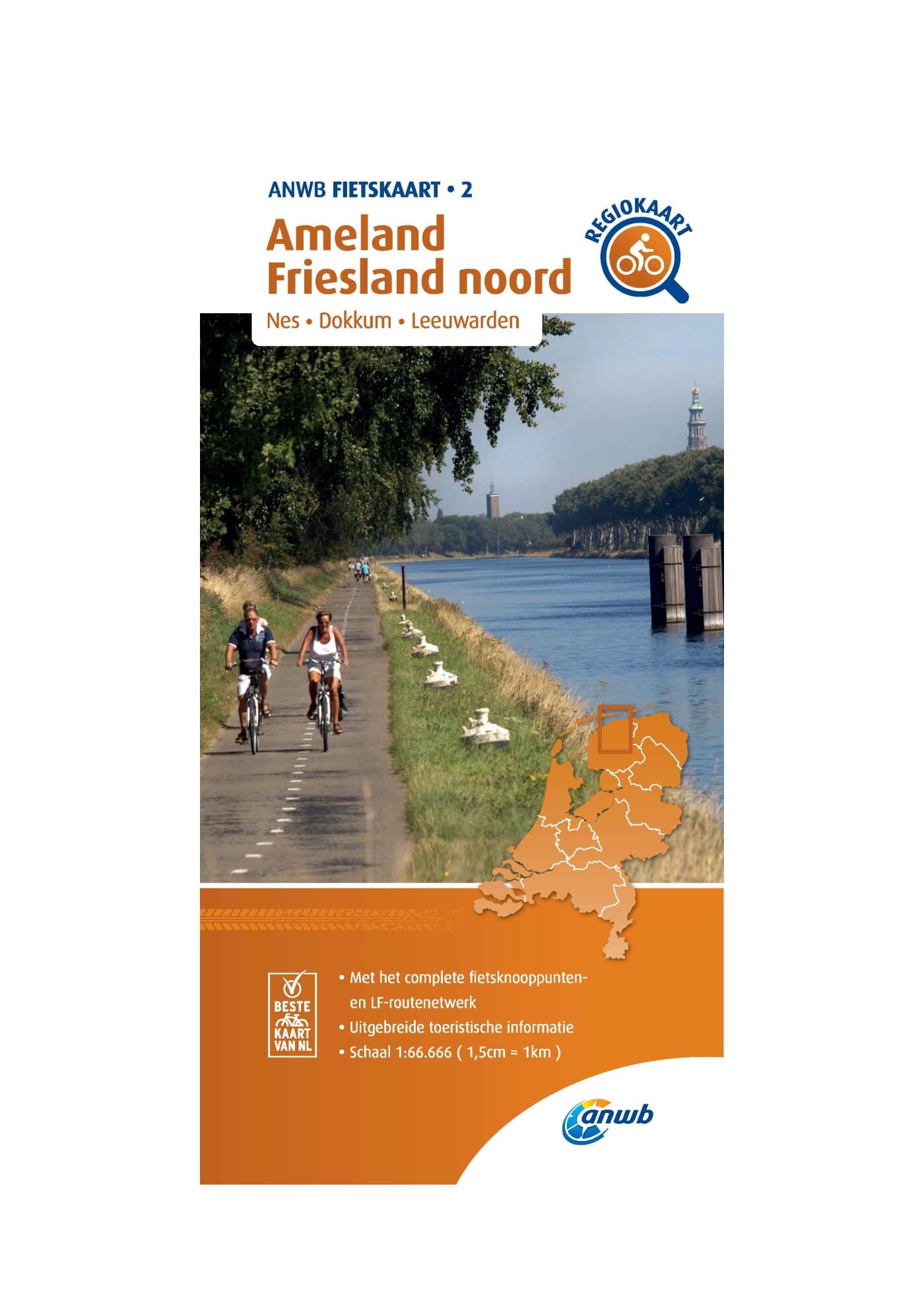 Ameland, Friesland North cycling map: Nes, Dokkum, Leeuwarden (ANWB fietskaart (2)): 1:66.666