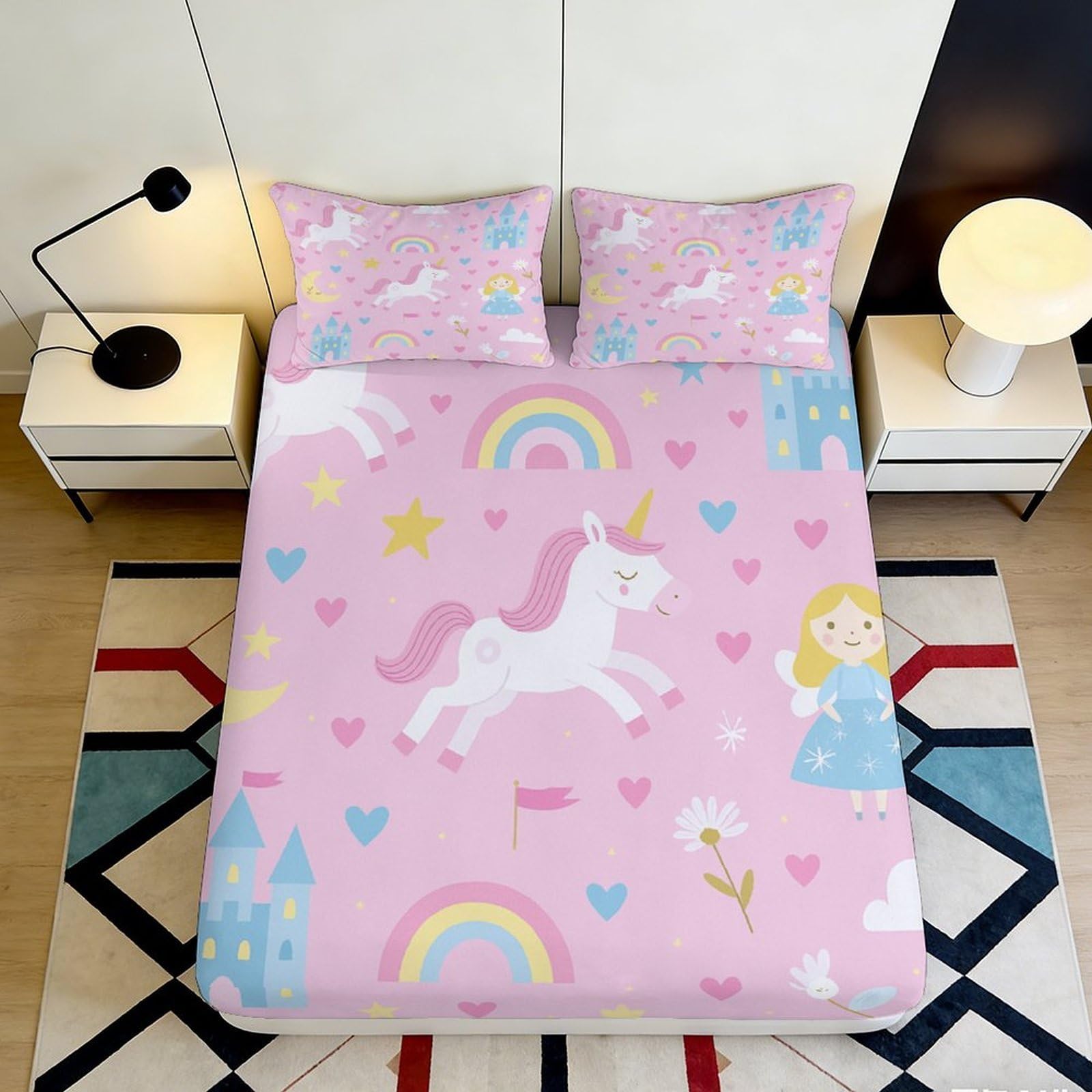 3D Printed Pink Unicorn Rainbow Fitted Sheet Microfiber Soft Decorative Princess Bed Cover for Bedroom Guest Room Dorm 90x200x25cm