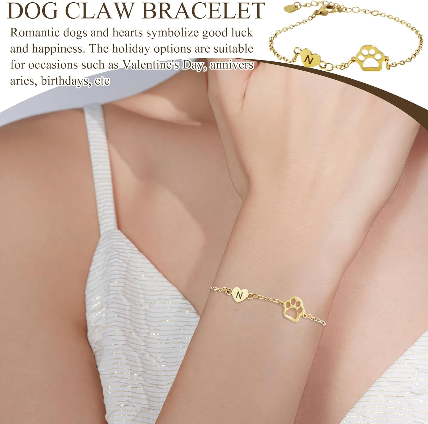 Initial Bracelet for Women with Heart Adjustable Pet Paw Gold Bracelets for Women, Dainty 14K Gold Christmas Gifts for Dog Lover, Non Tarnish Memorial Gift for Pet Lover Birthday Jewelry - Image 7