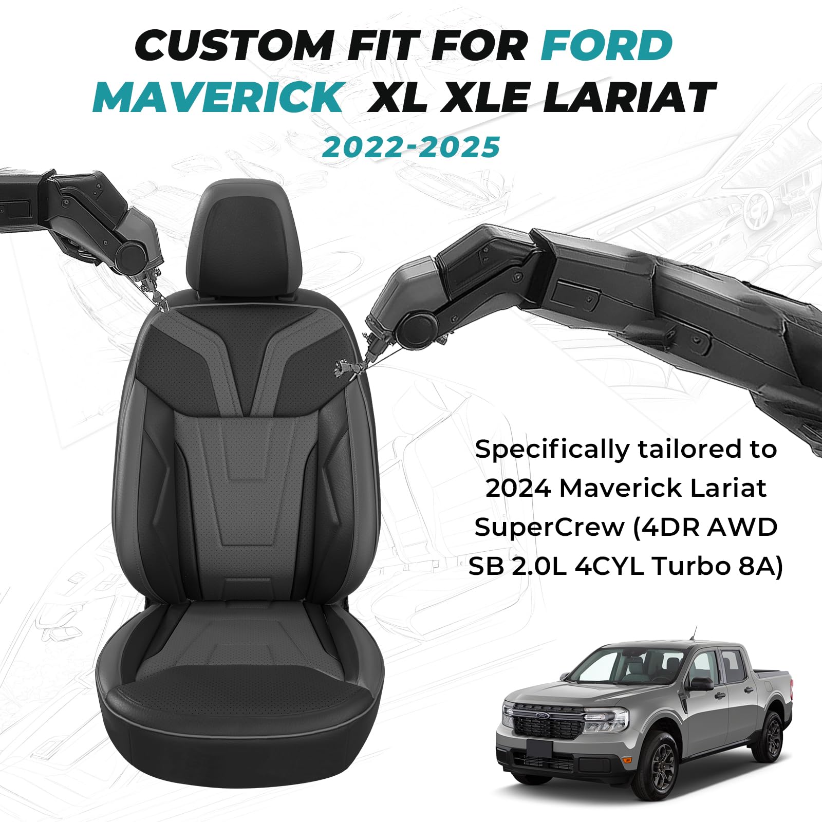 FEINEPRO for Ford Maverick Seat Covers XL XLT Lariat 2022 2023 2024 2025, Custom Fit Car Seat Cover Full Set, Luxury Leather Seat Covers, Waterproof Car Interior Cushion Protectors, Black Gray