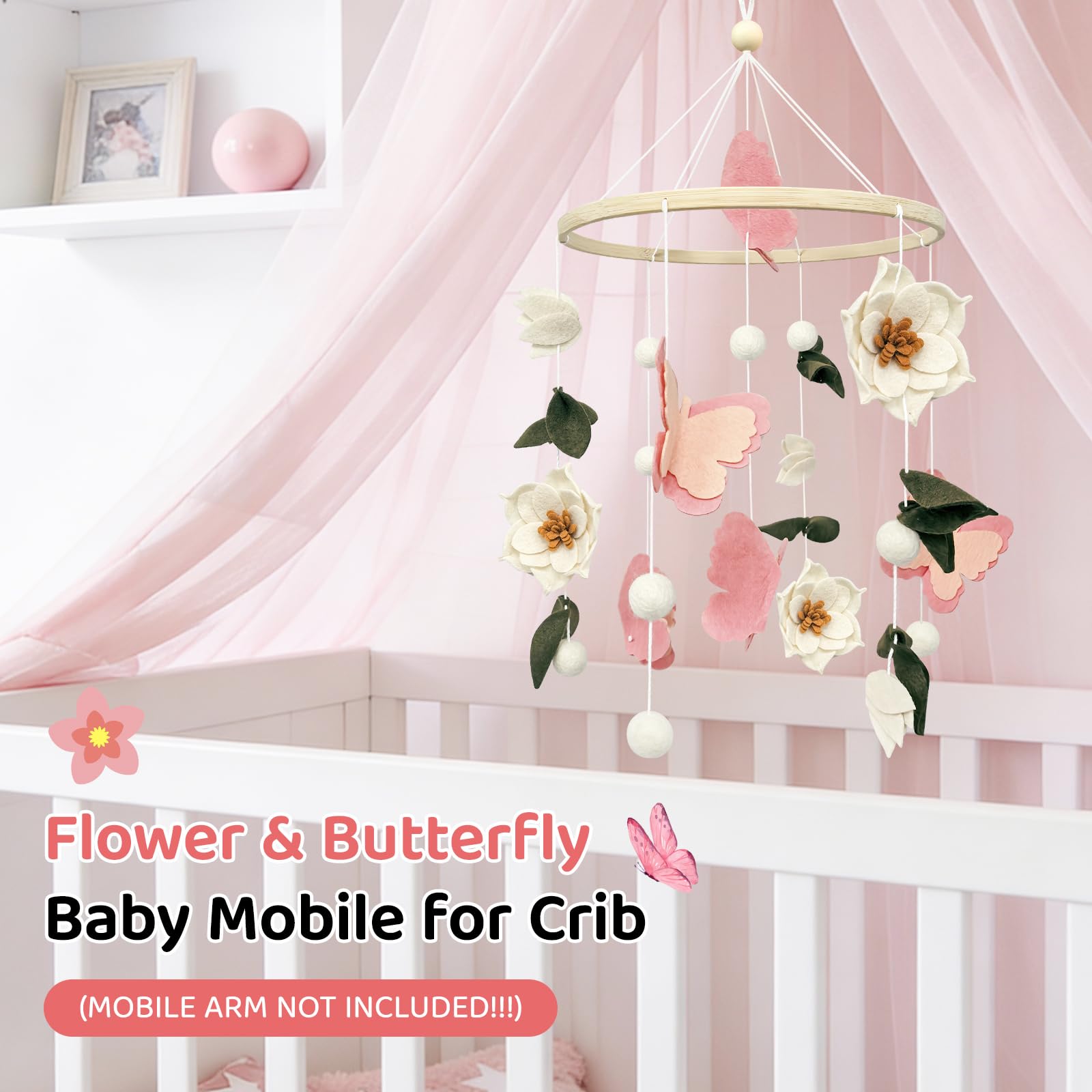 Móvil de bebé para cuna, flores y mariposas, móvil de cuna para niñas y niños, hecho a mano, decoración floral para habitación de bebé, decoración bohemia para habitación de bebé, regalo