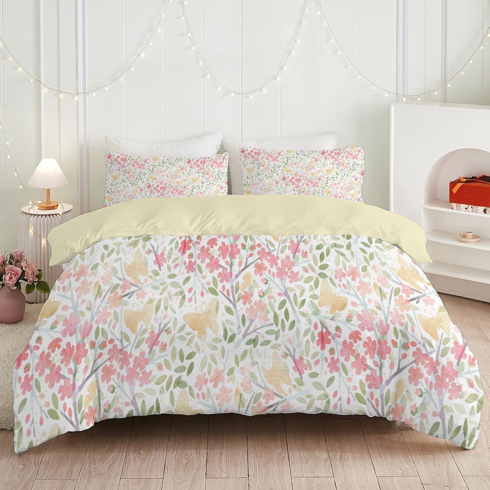 Housse de couette 220x240 fleurs et papillons pour lit 2 personnes