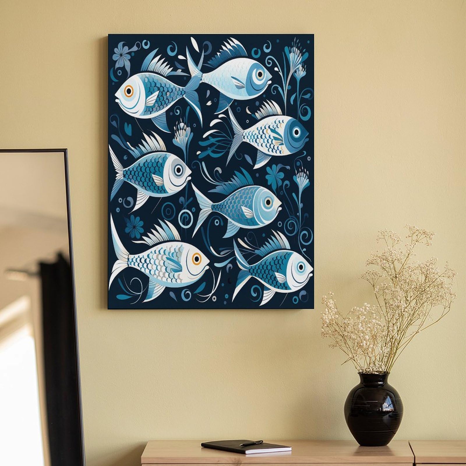 LPAGBCNU Malen nach Zahlen mit Cartoon-Fisch-Druck, Malen-nach-Zahlen-Set für Erwachsene, Anfänger, Erwachsene, Malen-nach-Zahlen-Kits auf Leinwand, DIY-Acryl-Ölfarben, Malerei mit Pinseln für