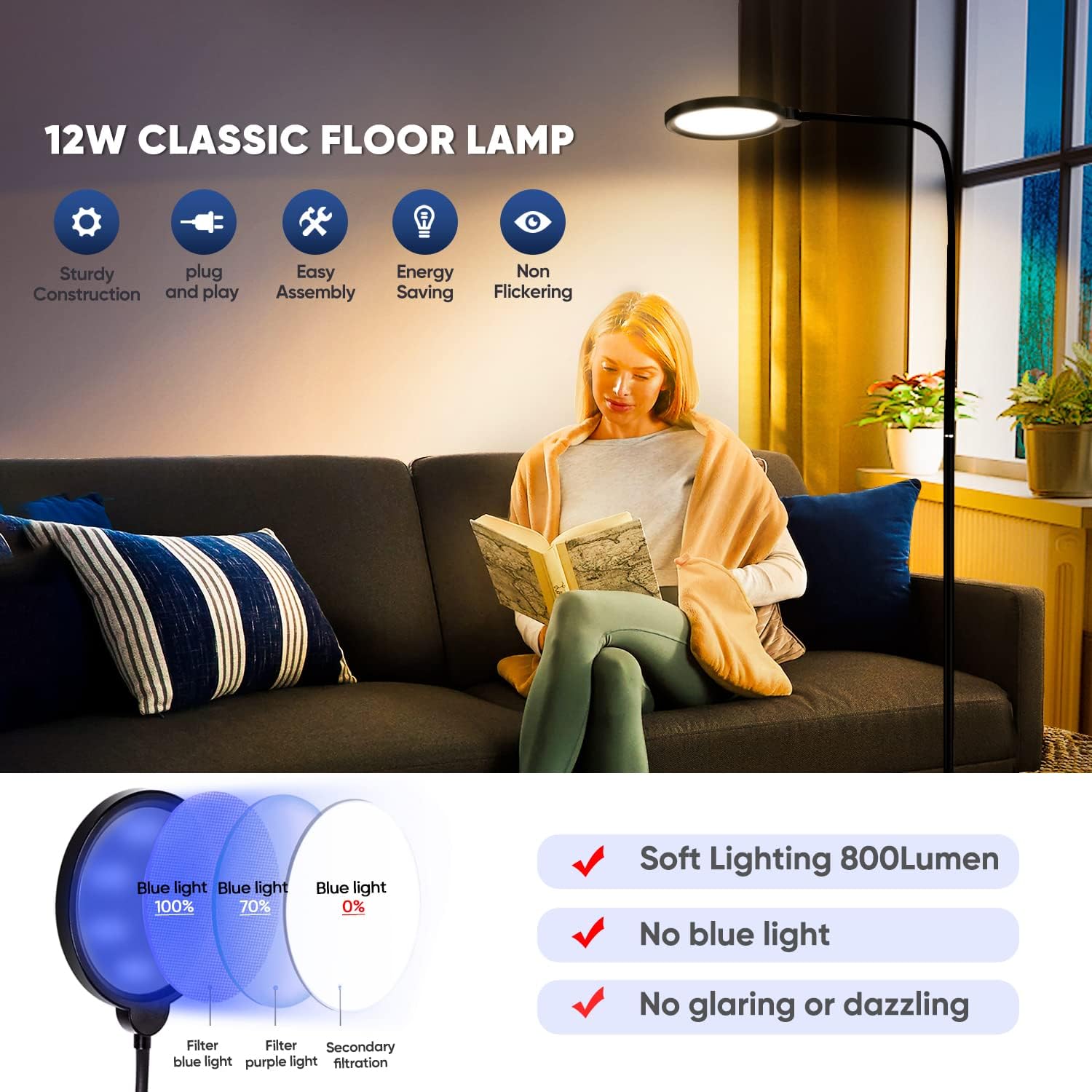 LED Floor Lamp, 12W Dimmable Standing Pole Reading Lamp 10 Brightness Levels&3 Color Temperature, Bright Gooseneck Adjustable Black Floor Lights, 800LM LED Task Lighting for Living Room Bedroom Office : Everything Else