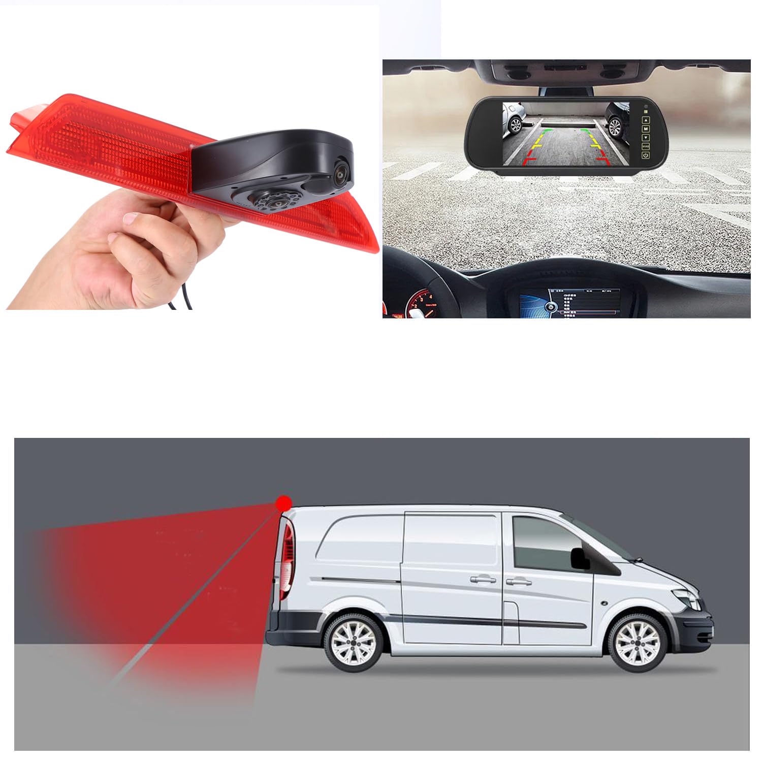 HD IP68 1280 pikseli, lampa hamowania, podwójna kamera cofania z regulacją kąta, zamiennik do Ford Transit Tourneo Custom Jumbo furgon V363 F150 F250 F350 V636 MK8/V362 (kamera cofania + lusterko