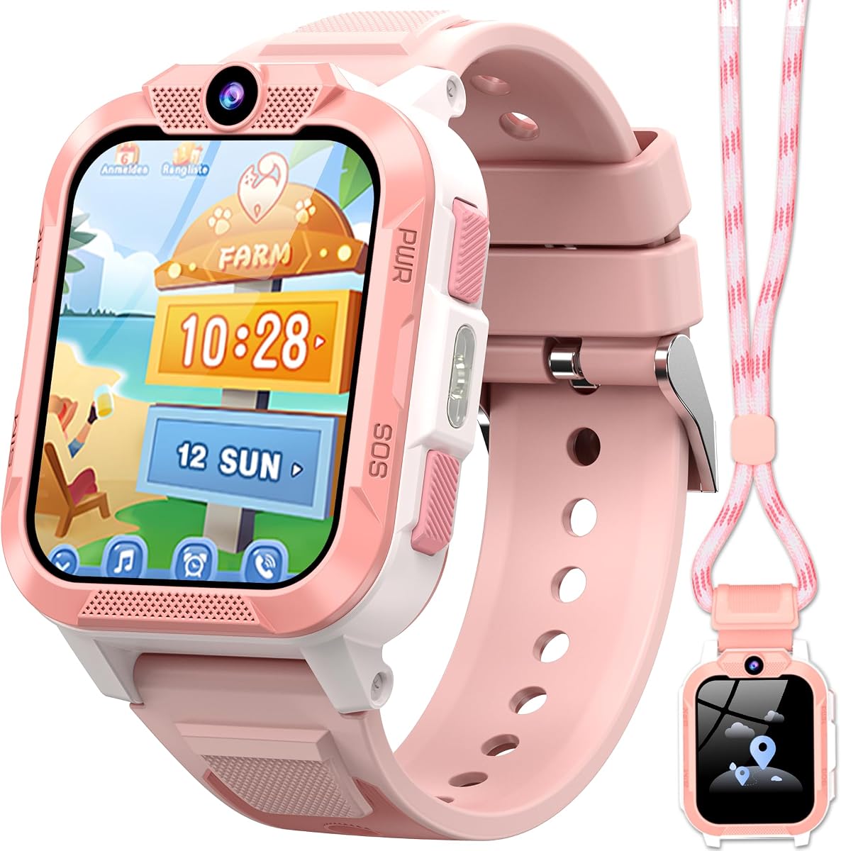 IOWODO Smartwatch Kinder mit GPS & 4G Telefonfunktion, 850mAh 7-Tage Akku, SOS-Notruf, Sprachanruf, Schulmodus, IP68 Wasserdicht, Kinderuhr Geschenk für Mädchen, Rosa