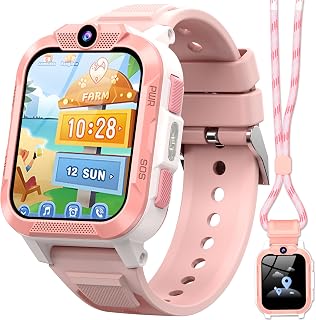 IOWODO Smartwatch Kinder mit GPS & 4G Telefonfunktion, 850mAh 7-Tage Akku, SOS-Notruf, Sprachanruf, Schulmodus, IP68 Wasserdicht, Kinderuhr Geschenk für Mädchen, Rosa