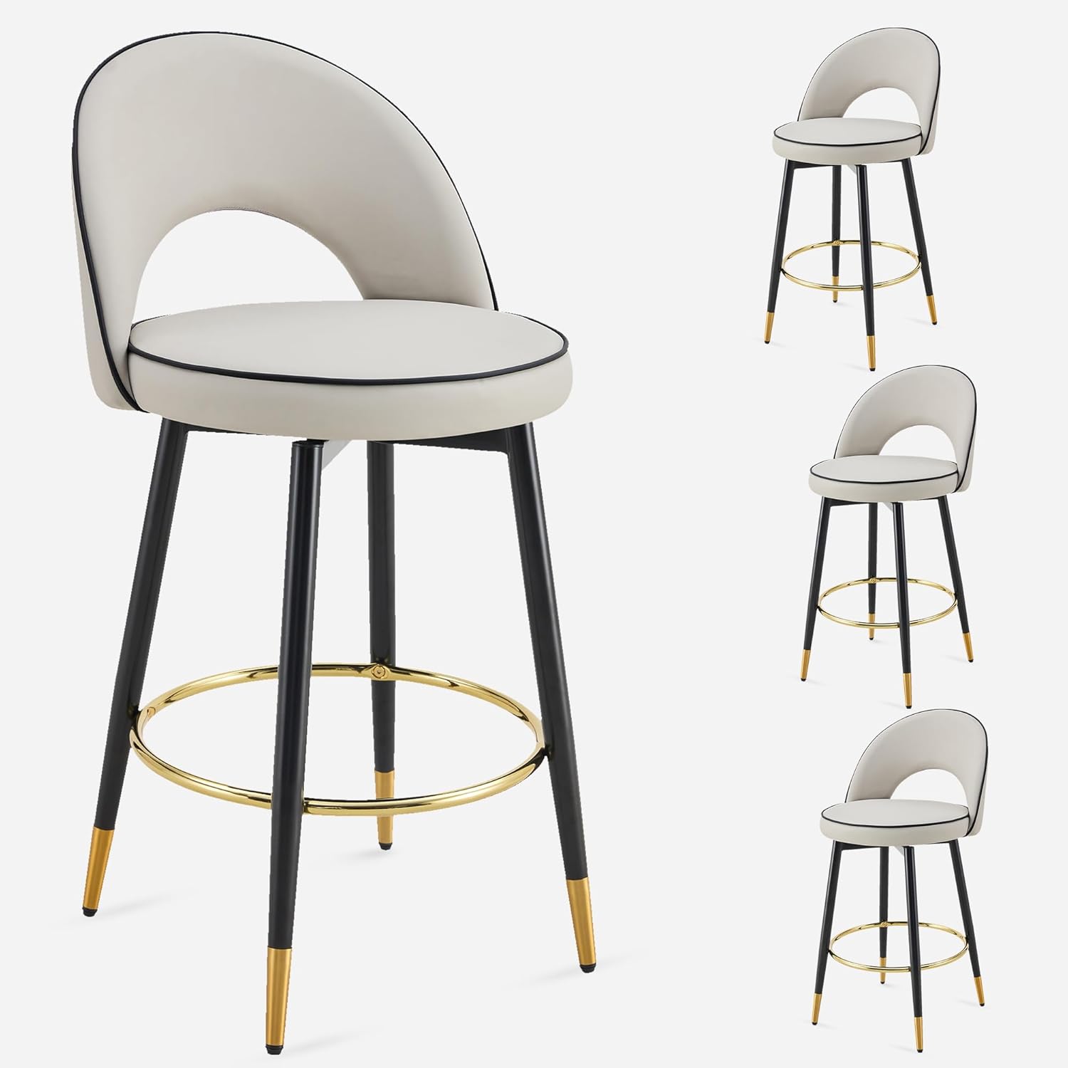 Set of 4 Swivel Counter Height Bar Stools, 26" PU Leather Bar Chairs with Backrest & Footrest, Modern Metal Base, Adjustable Non-Slip Levelers for Kitchen Island or Dining Bar, Grey and Black