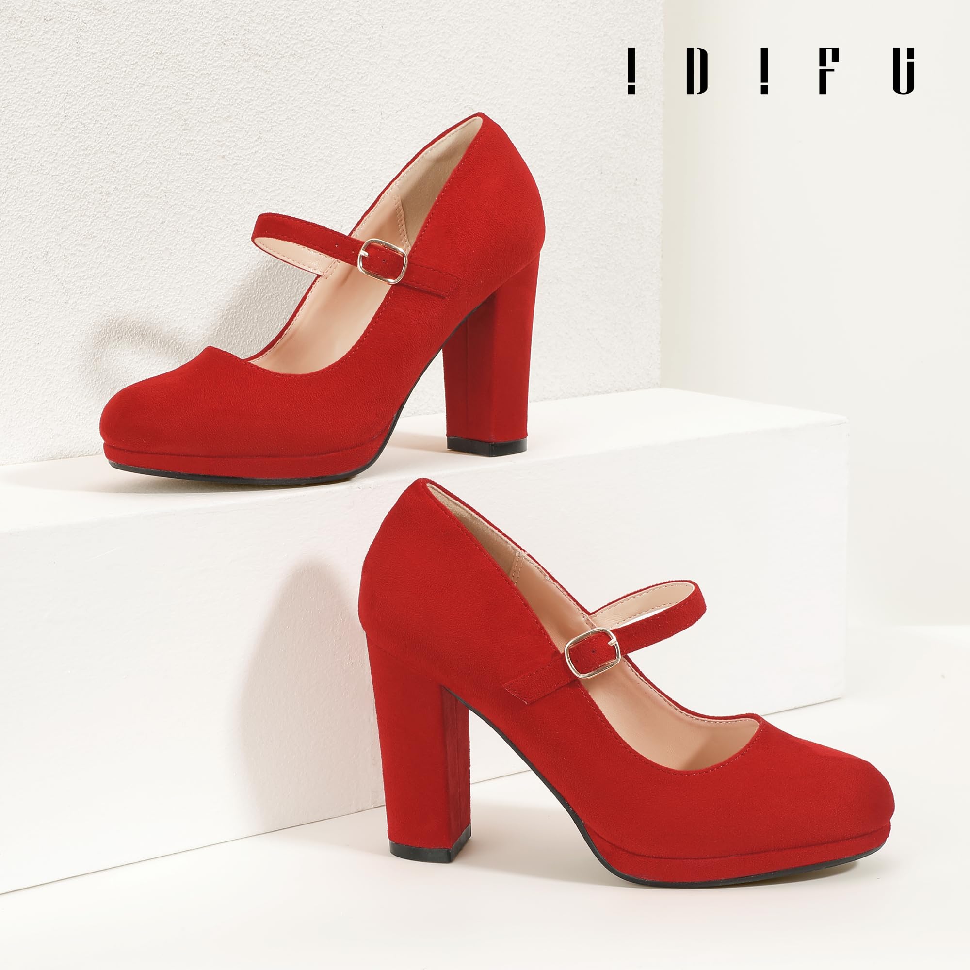 IDIFU IN4 Mary Jane Shoes Closed Toe Heels Platform High Chunky Block Heels Women's Pumps Comfortable Dress Shoes for Women Wedding Bridal Work Fashion Round Toe Pumps Shoes: 10 Red Suede